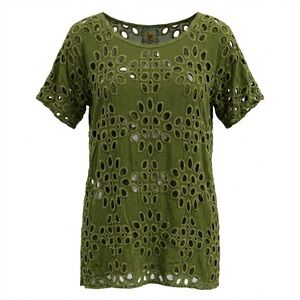 JOHNNY WAS LALLA Green Eyelet Tunic Dress Floral Embroidered Boho XS